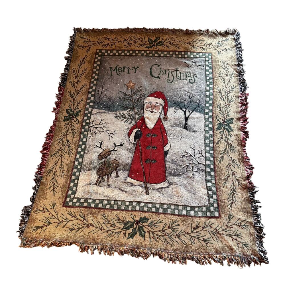 Vintage Merry Christmas Santa Winter Woven Tapestry Blanket 69x52